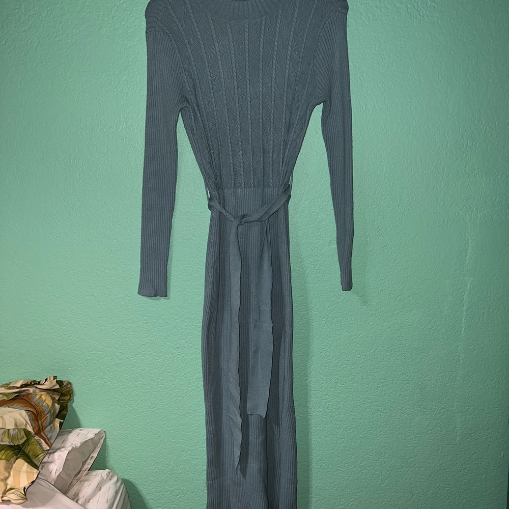 VENUS Teal Ribbed Knit Long-Sleeve Midi Dress with Self-Tie Waist